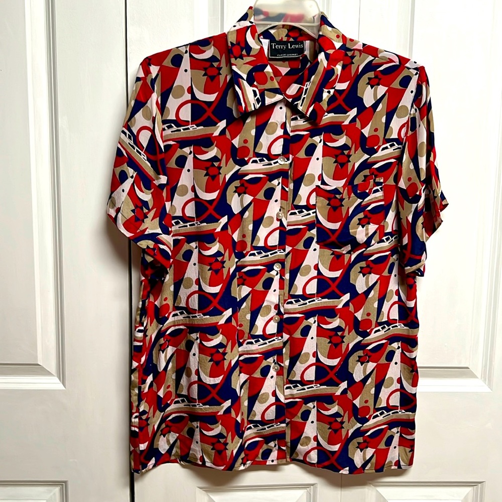 Vintage Terry Lewis Multi Color Yacht Print Pocket Silk Top Size M